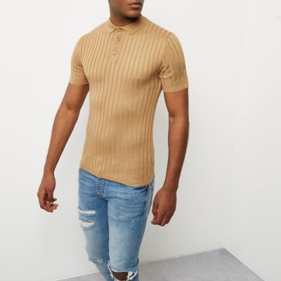 Brown muscle fit ribbed polo shirt